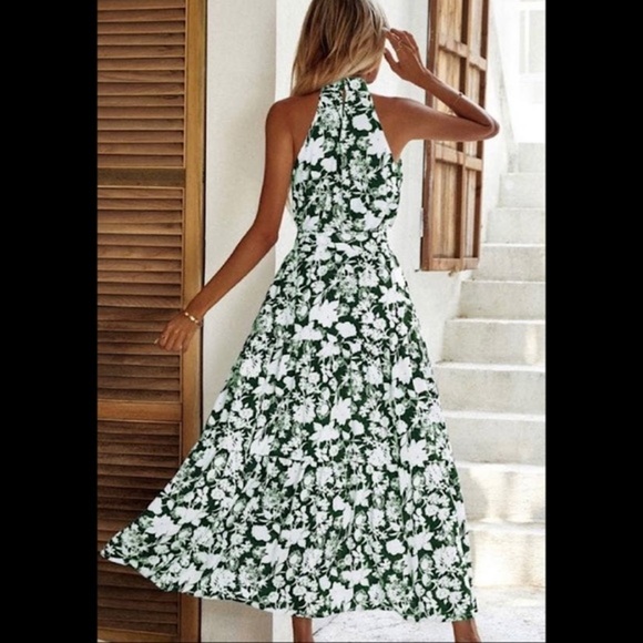 HALTER NECK GREEN FLORAL PRINT DRESS - Picture 2 of 3